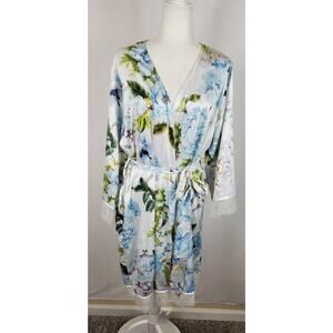 Homebodii Curve Blue Floral Lace Trim  Robe Womens